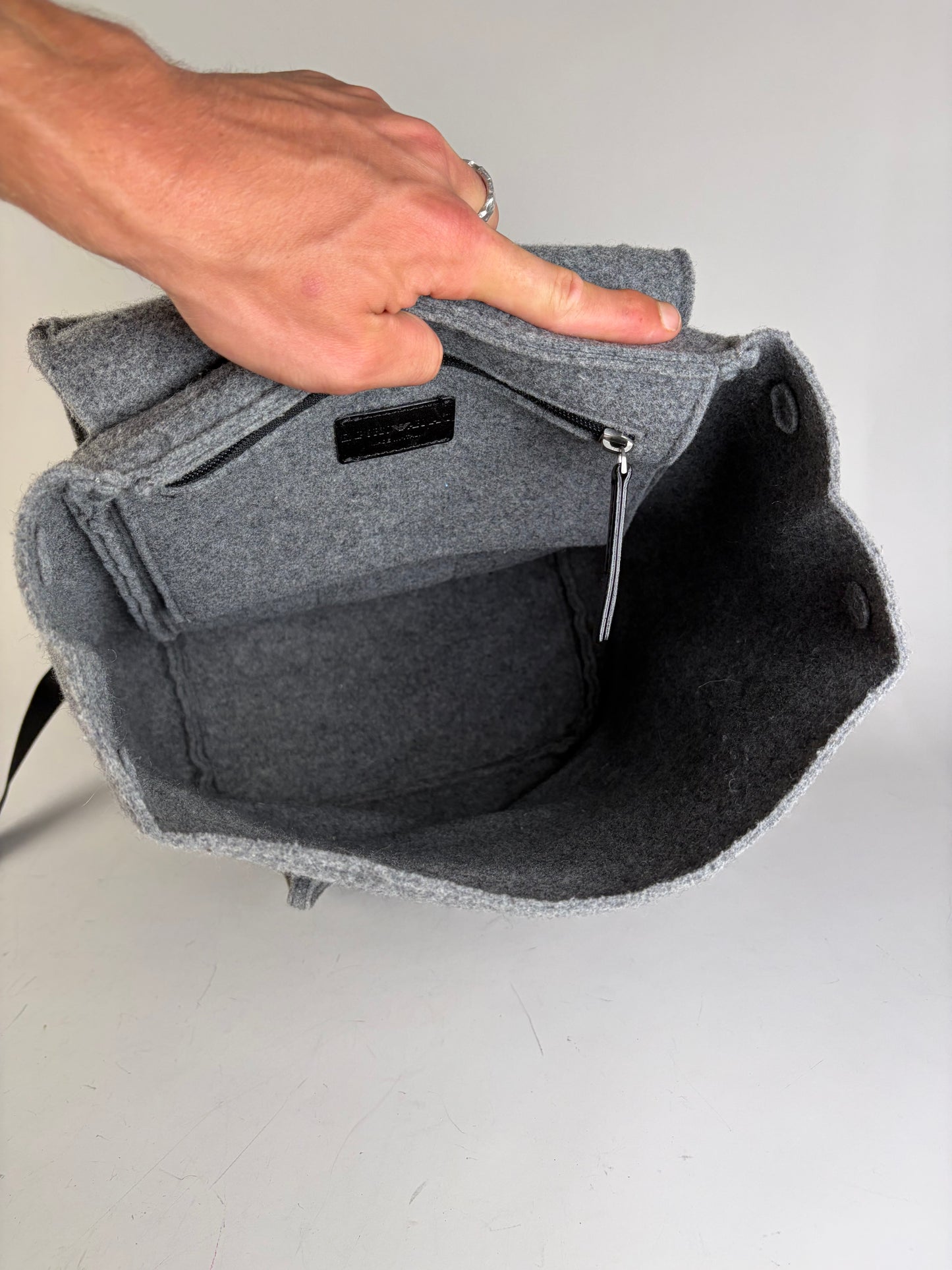 Vintage Emporio Armani Wool Felt Backpack Grey Silver Hardware