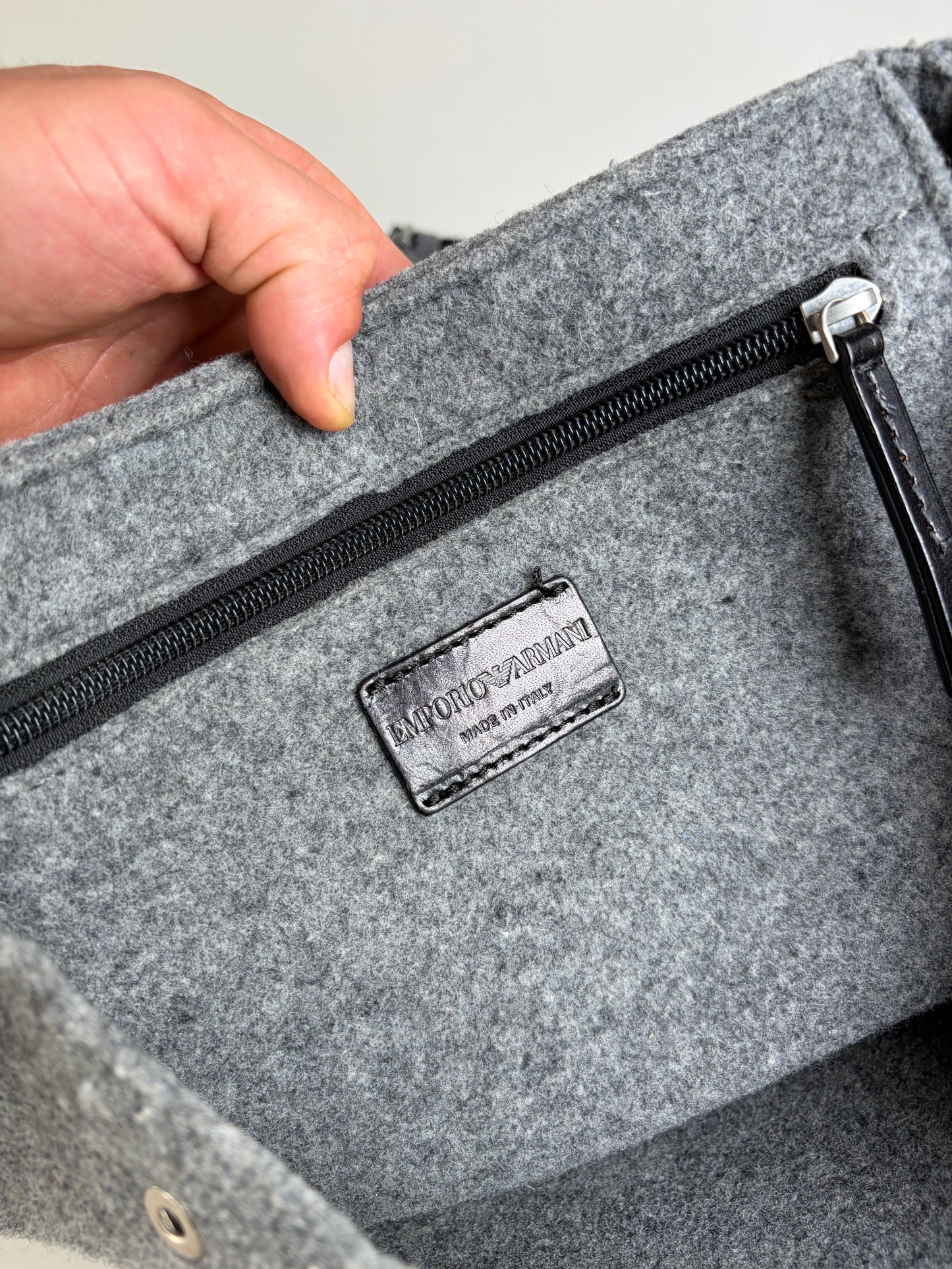 Vintage Emporio Armani Wool Felt Backpack Grey Silver Hardware