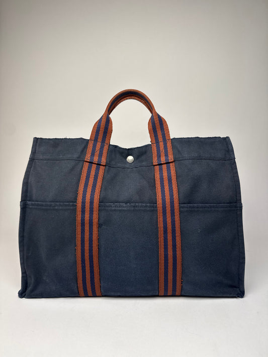 Vintage Hermes Canvas Tote bag Navy Red