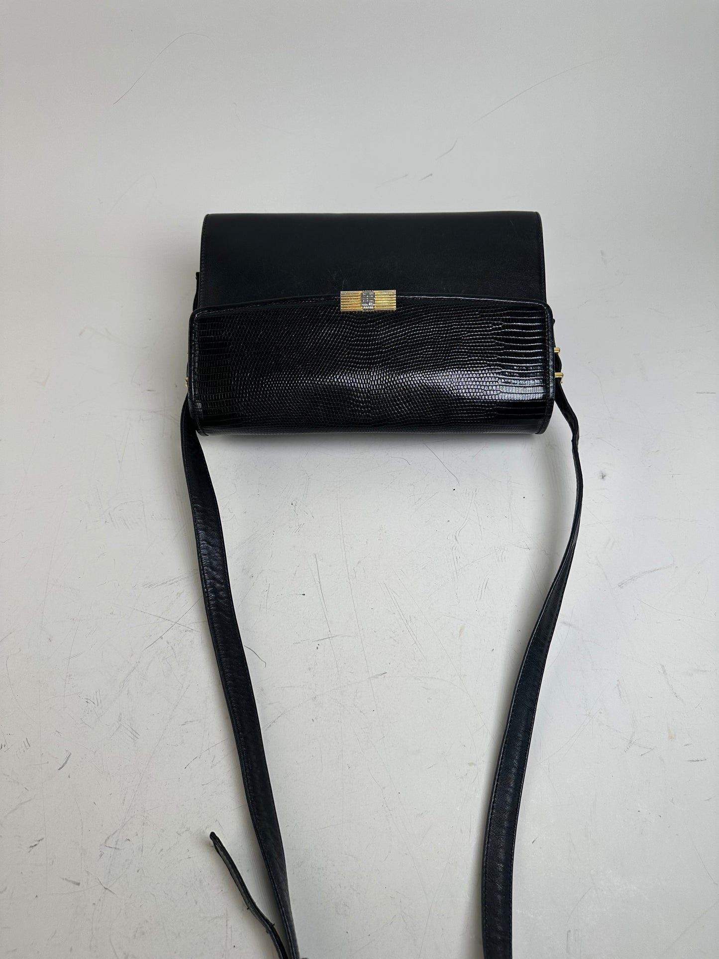 Vintage Givenchy Embossed Leather Shoulder Bag Black Gold