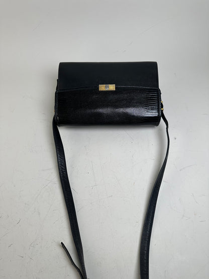 Vintage Givenchy Embossed Leather Shoulder Bag Black Gold