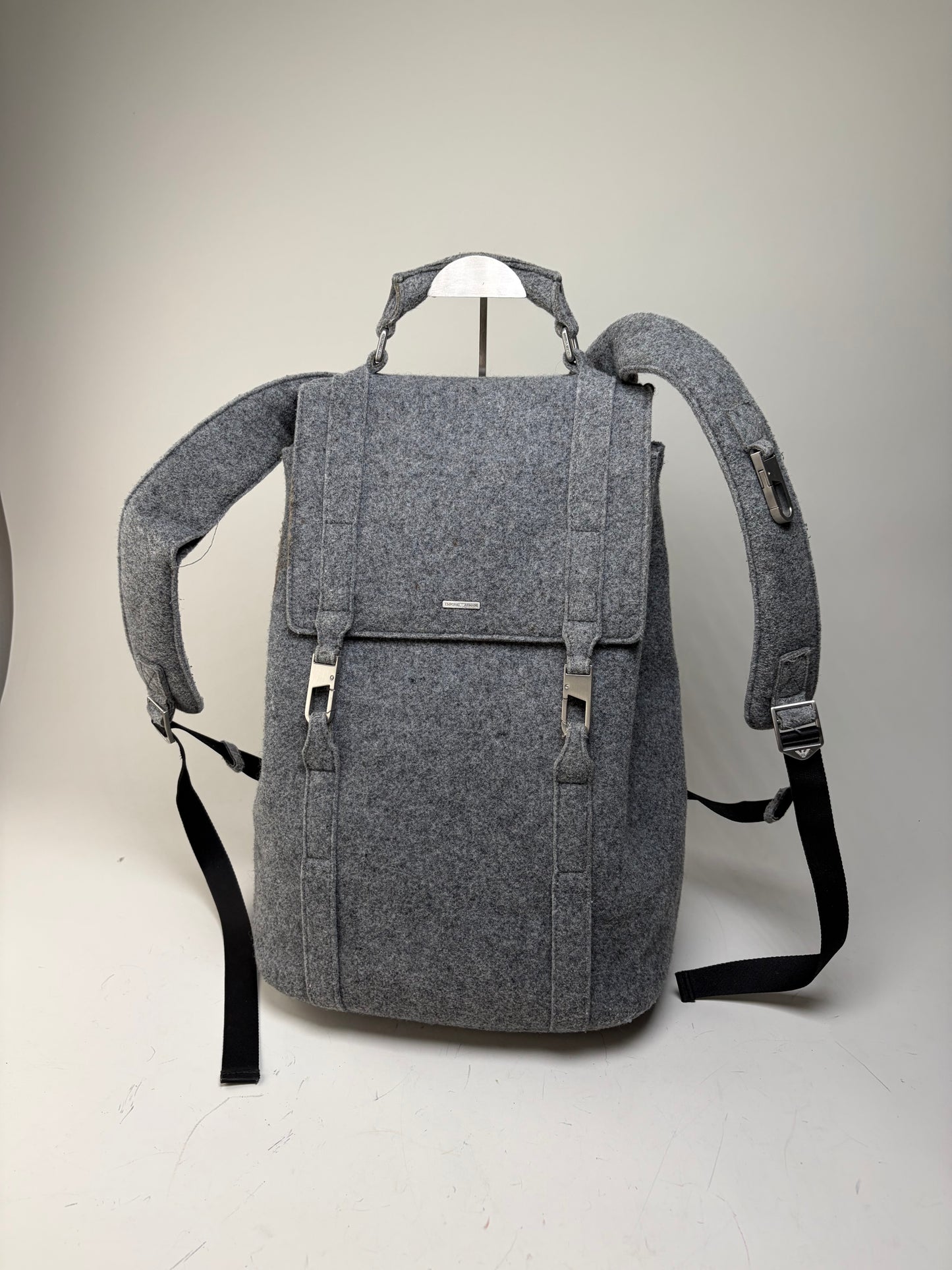 Vintage Emporio Armani Wool Felt Backpack Grey Silver Hardware