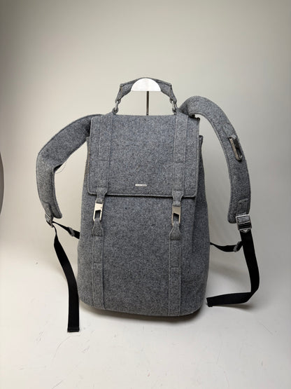 Vintage Emporio Armani Wool Felt Backpack Grey Silver Hardware
