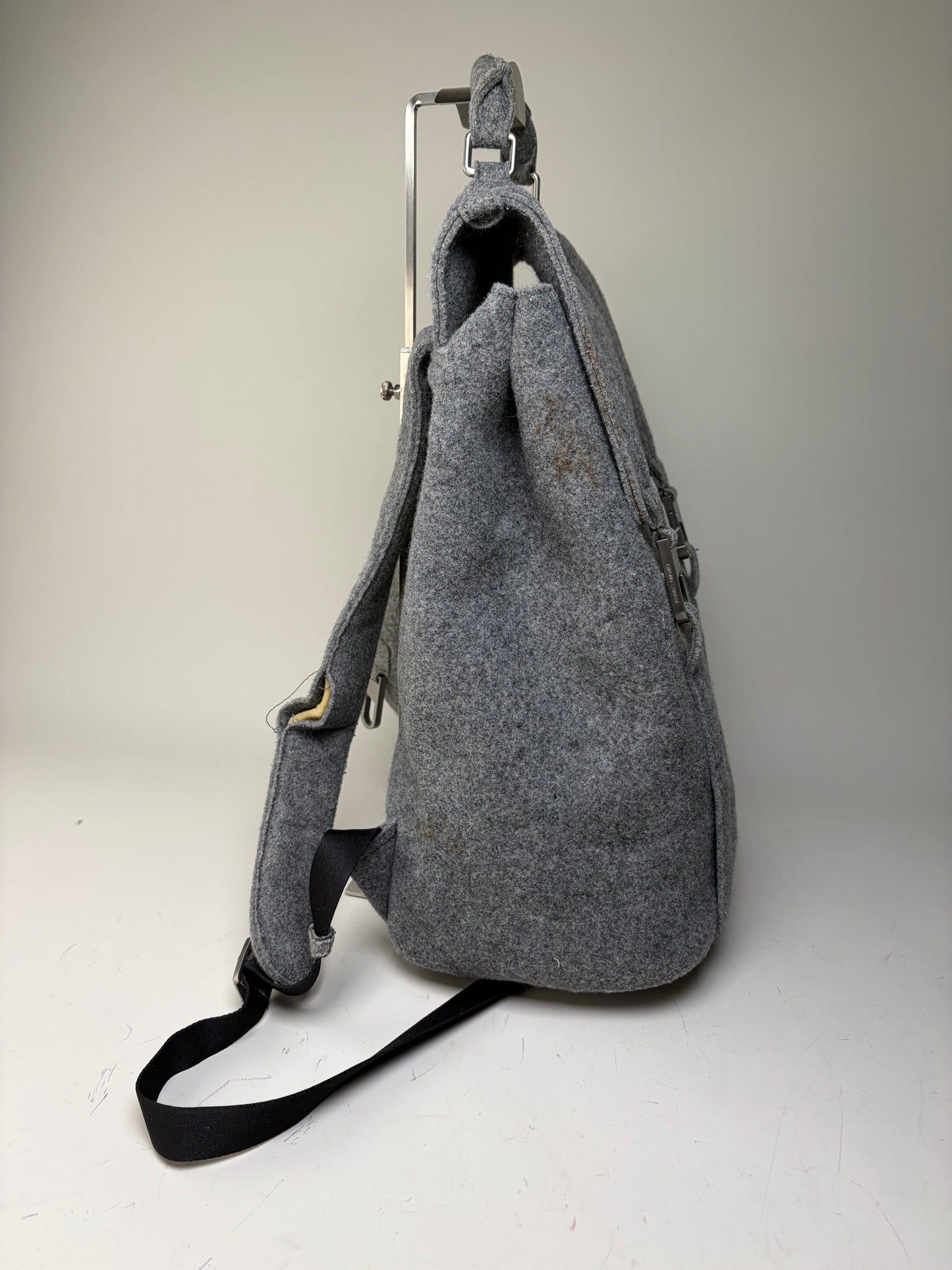 Vintage Emporio Armani Wool Felt Backpack Grey Silver Hardware
