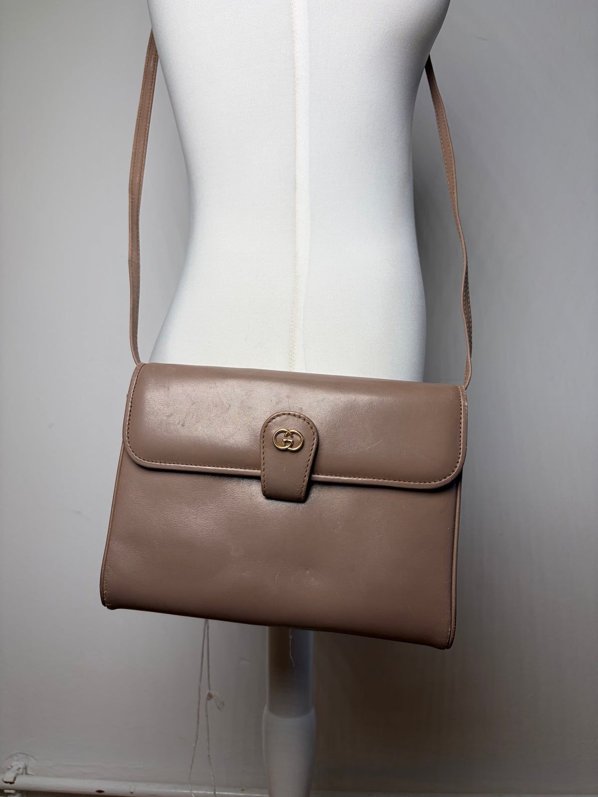 Vintage Gucci Flap Crossbody Bag Late 1980s Taupe Gold