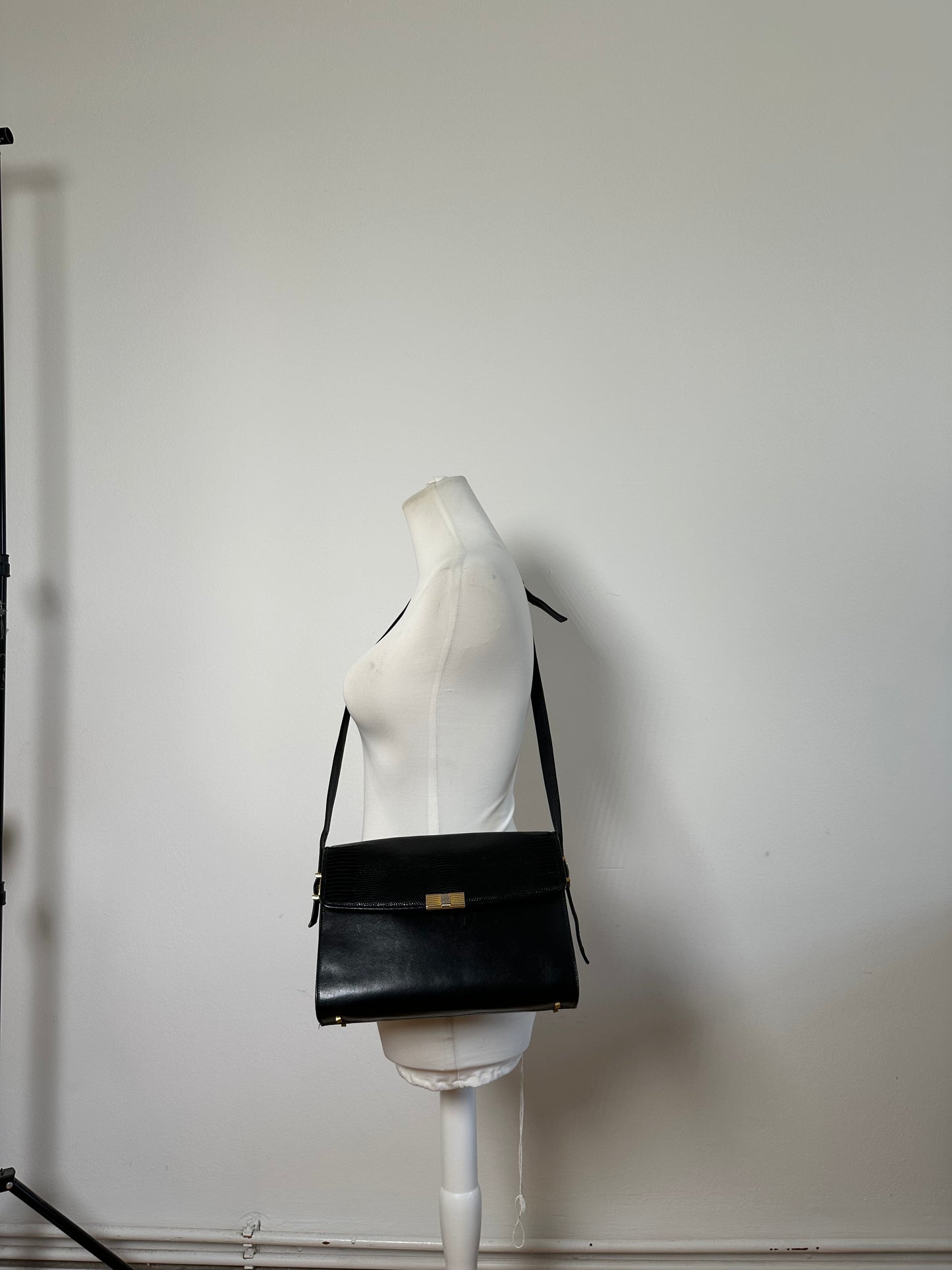 Vintage Givenchy Embossed Leather Shoulder Bag Black Gold