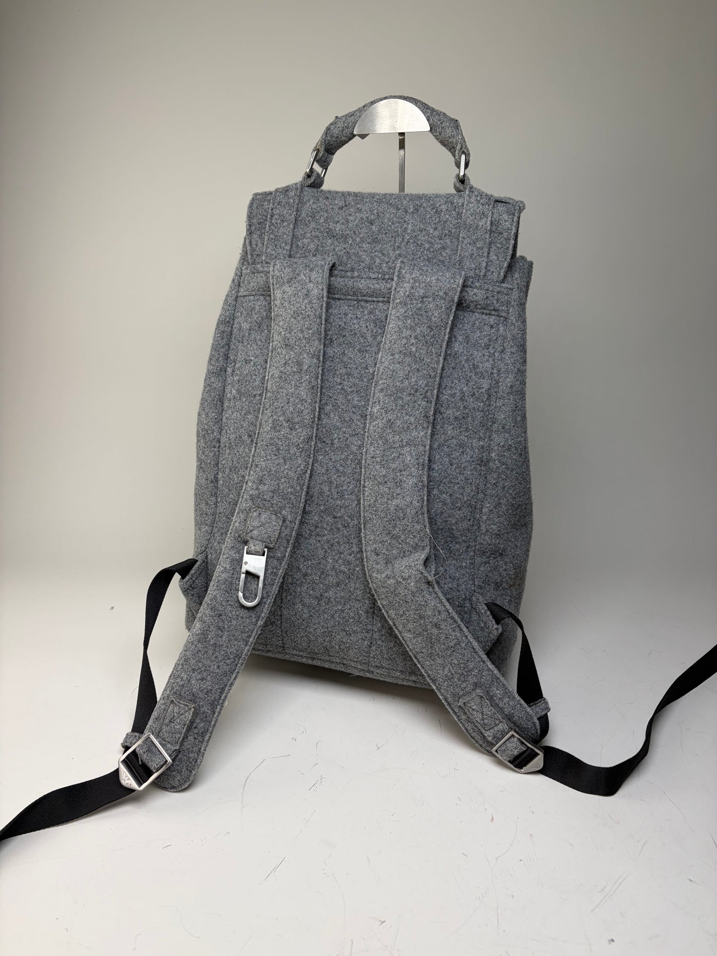 Vintage Emporio Armani Wool Felt Backpack Grey Silver Hardware