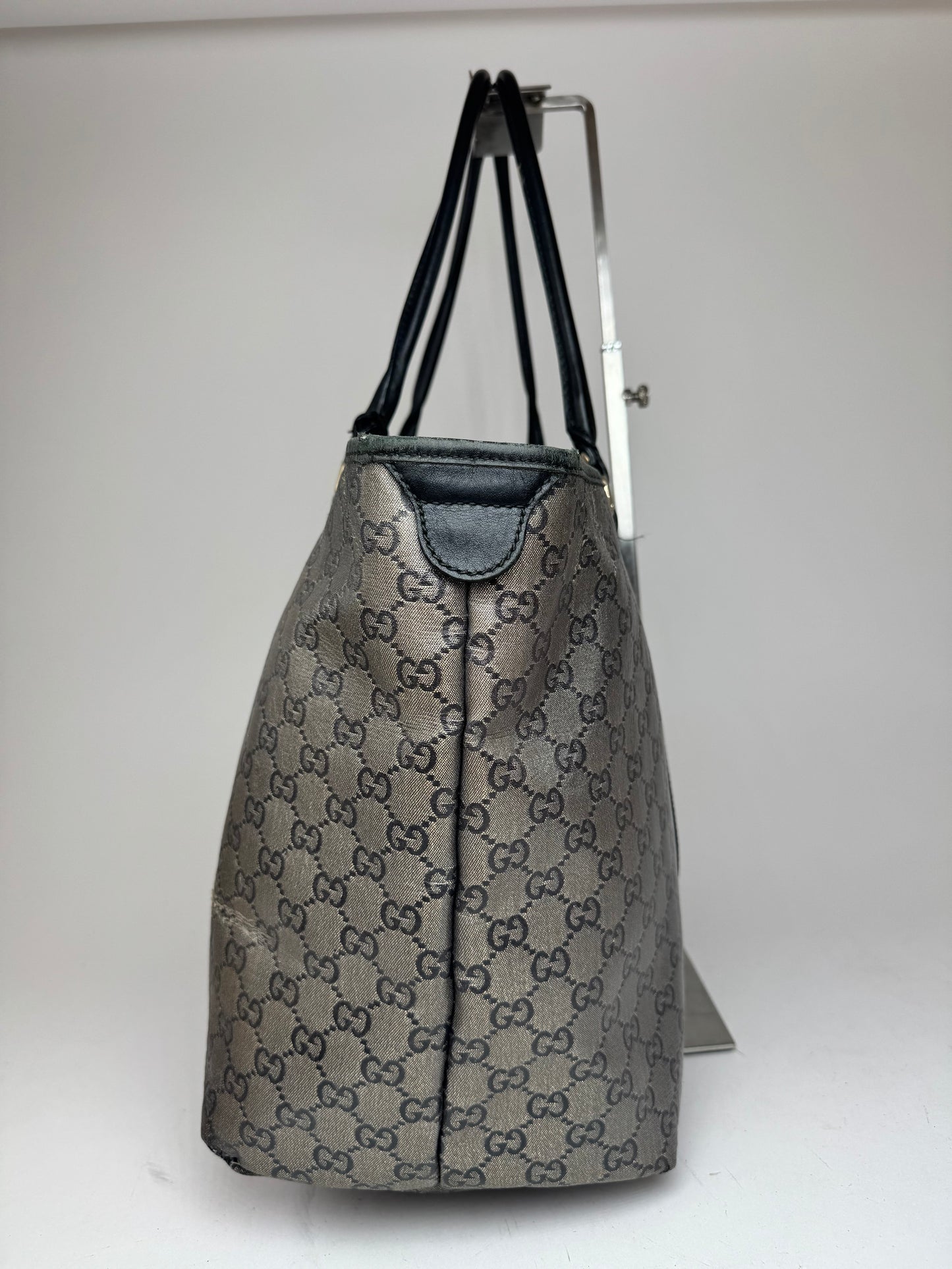 Vintage Gucci Monogram Leather Tote Bag Black Grey
