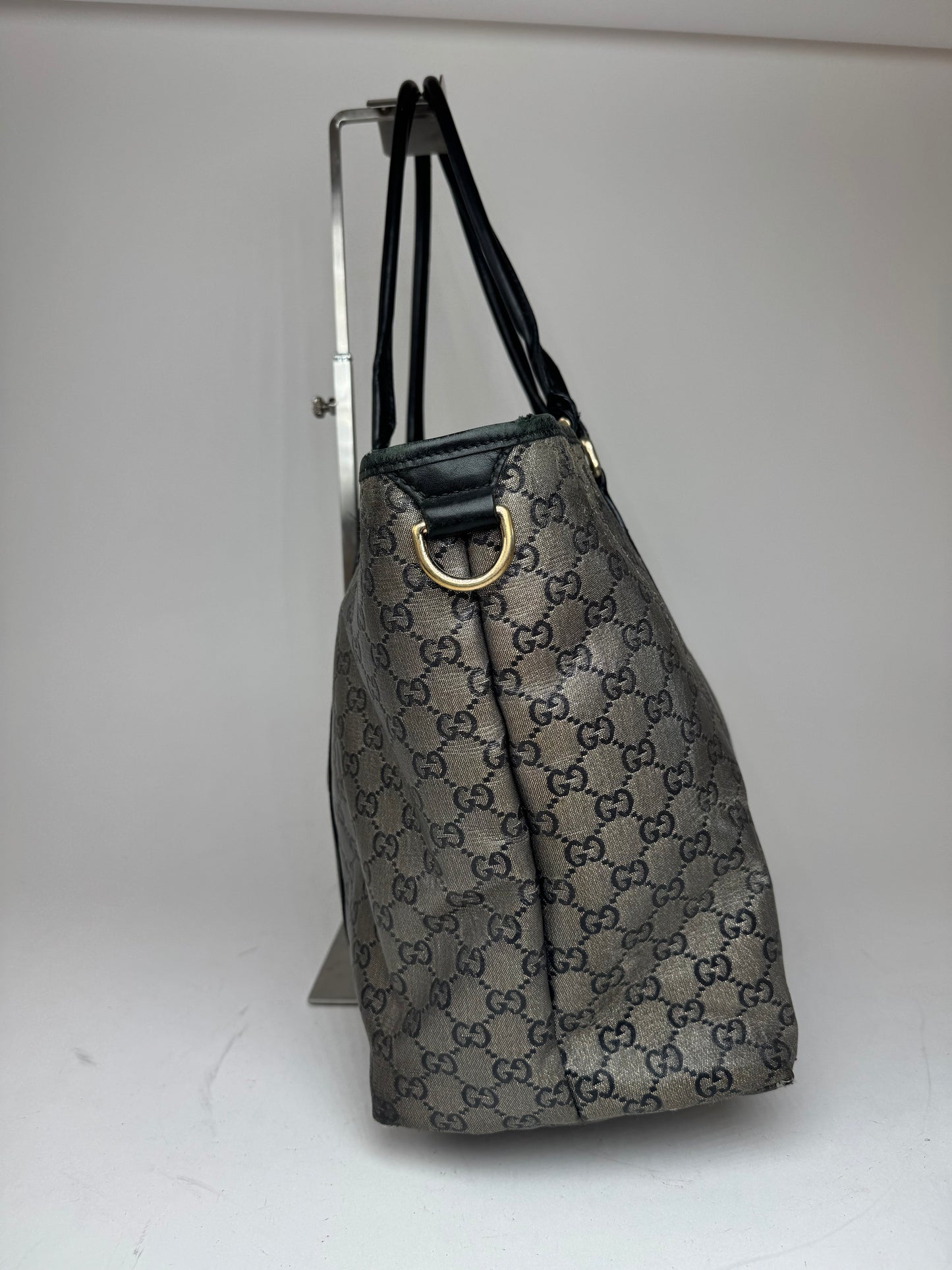 Vintage Gucci Monogram Leather Tote Bag Black Grey