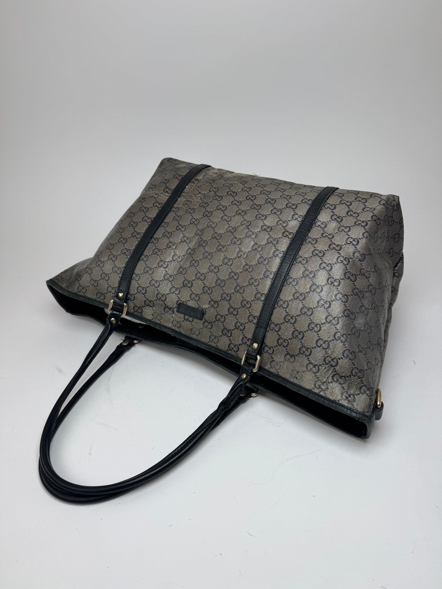 Vintage Gucci Monogram Leather Tote Bag Black Grey
