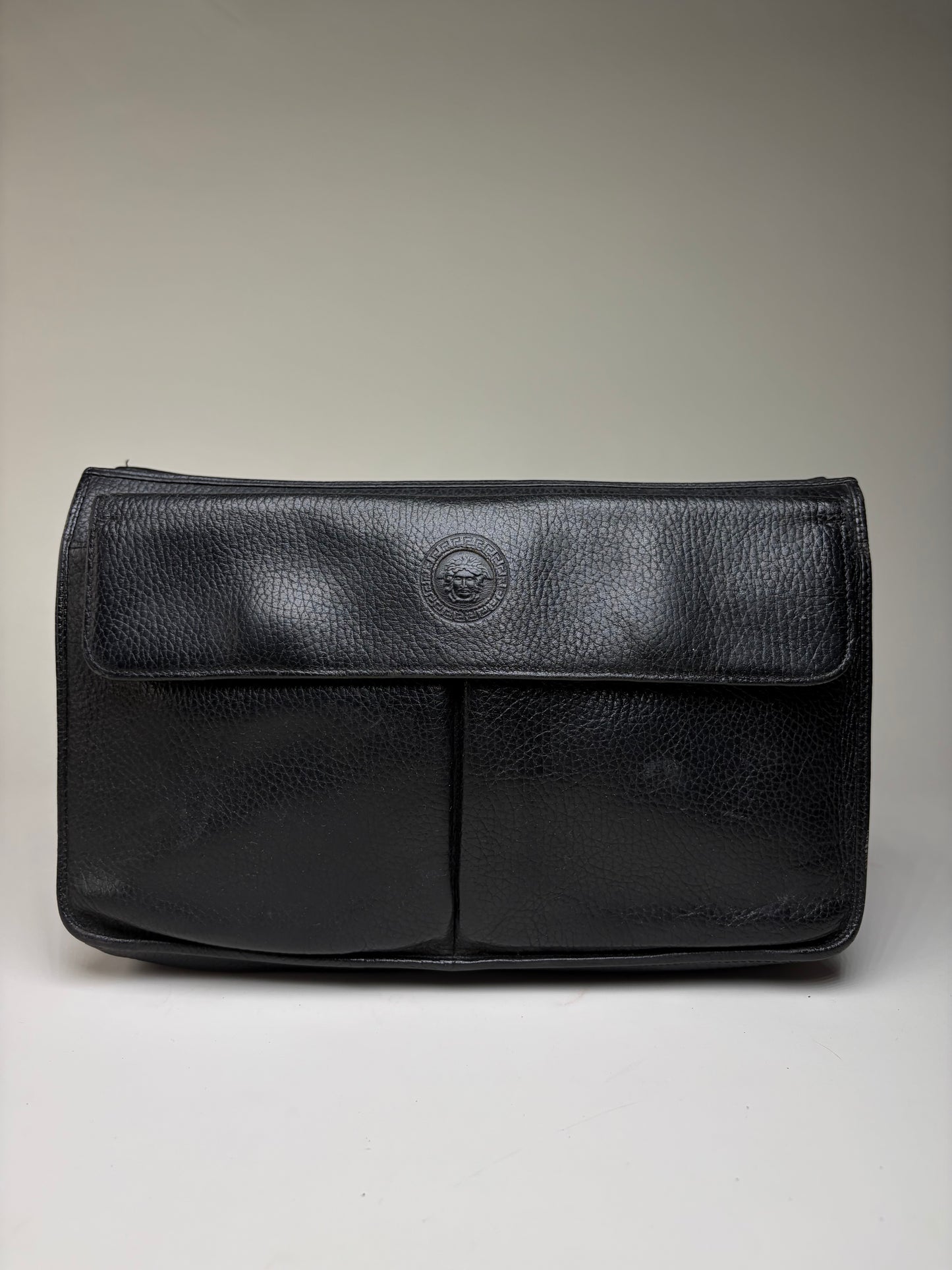 Vintage Gianni Versace Pebbled Leather Flap Clutch Black Gold
