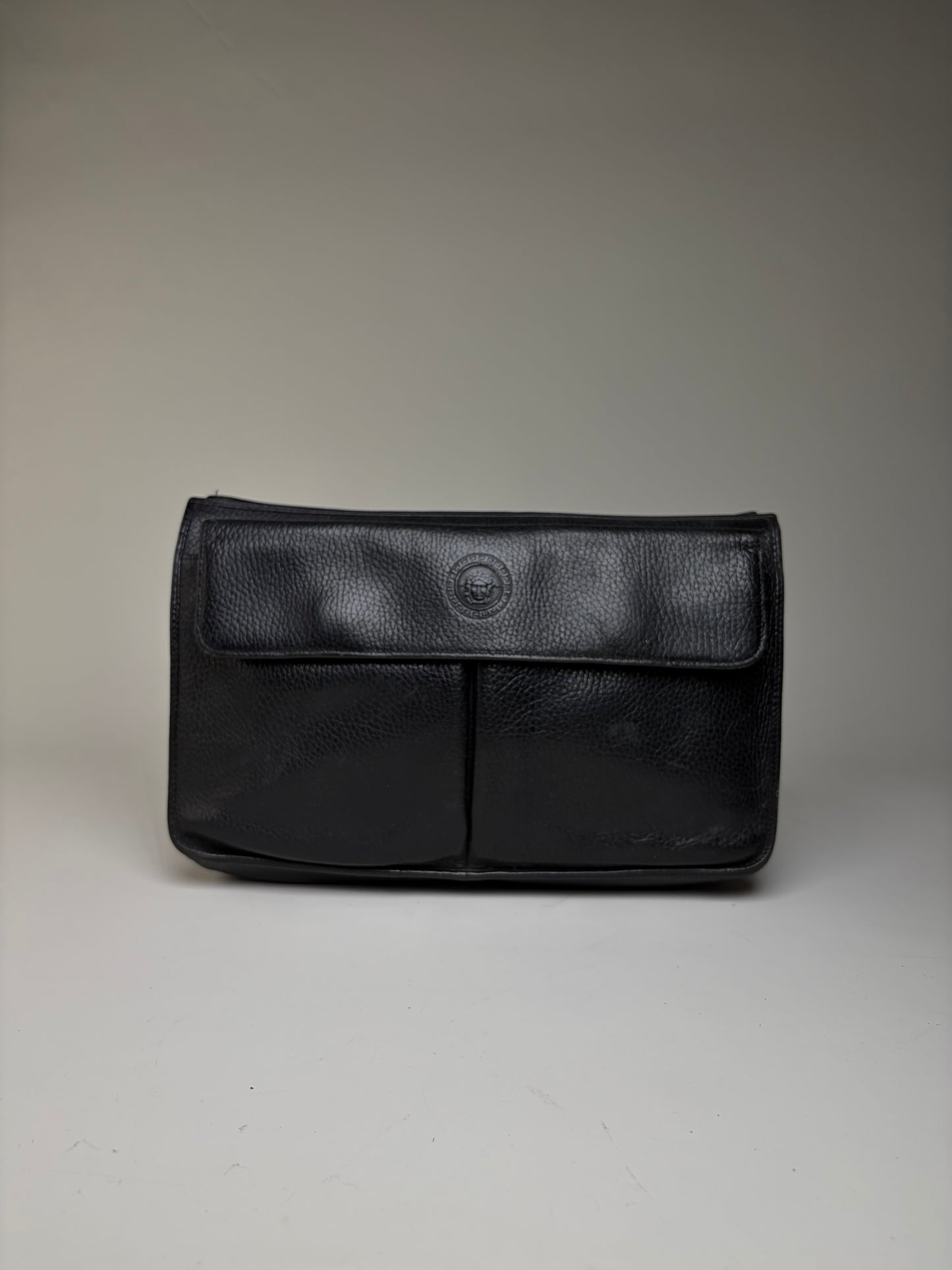 Vintage Gianni Versace Pebbled Leather Flap Clutch Black Gold