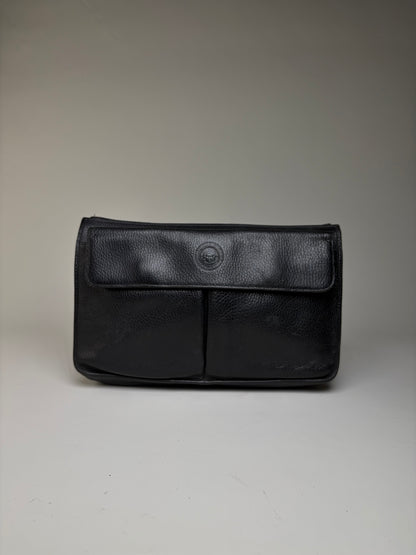 Vintage Gianni Versace Pebbled Leather Flap Clutch Black Gold