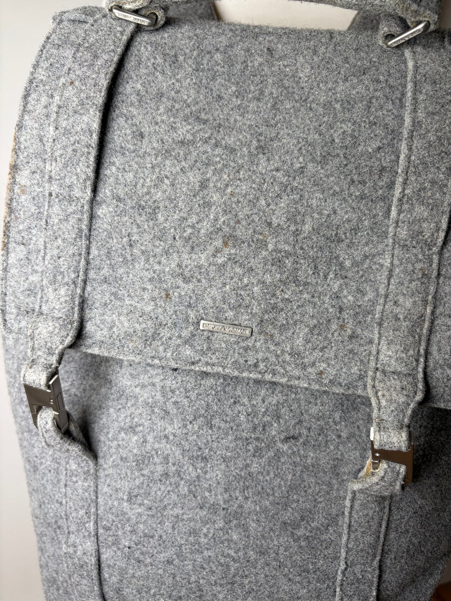 Vintage Emporio Armani Wool Felt Backpack Grey Silver Hardware