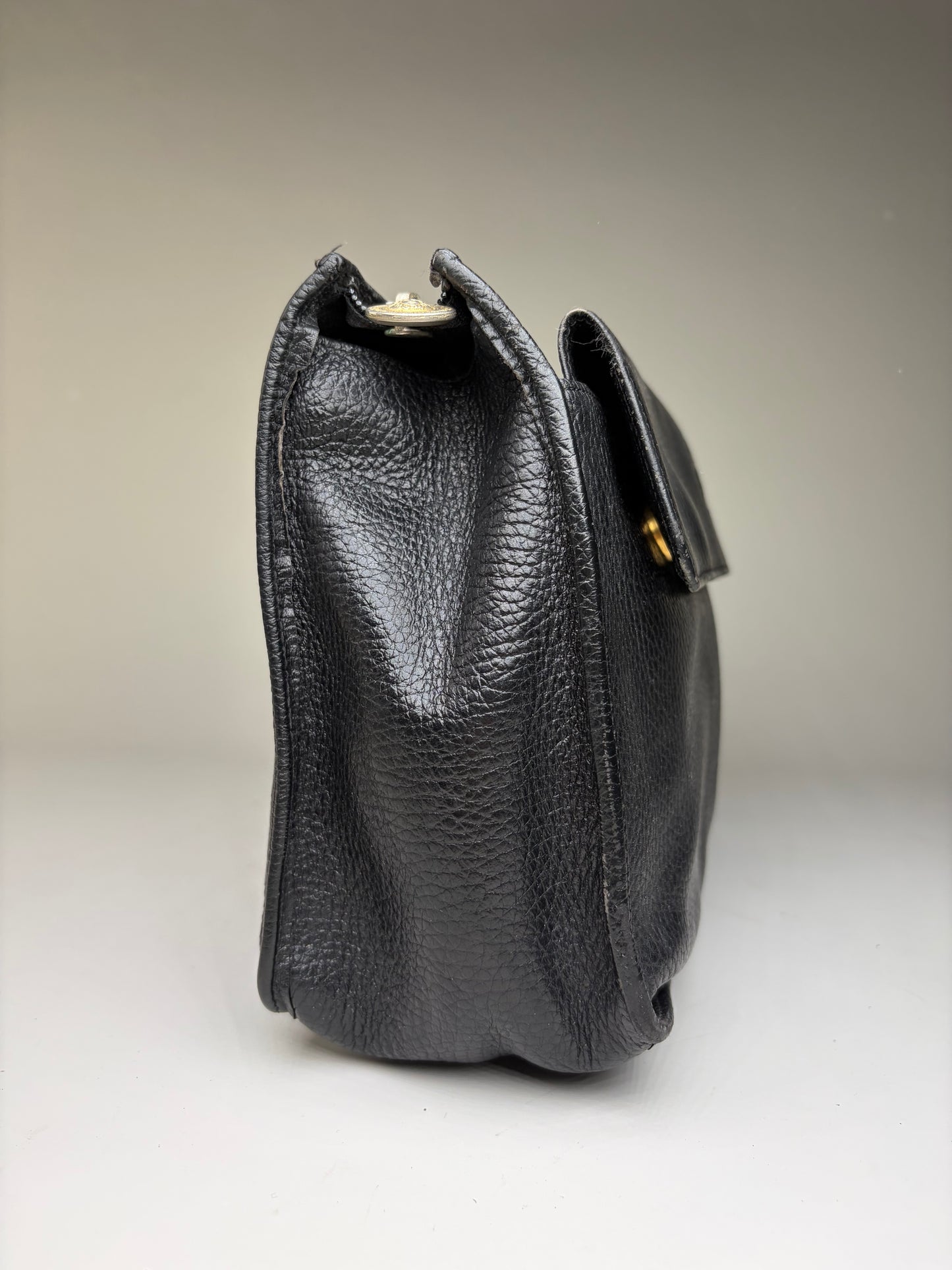 Vintage Gianni Versace Pebbled Leather Flap Clutch Black Gold