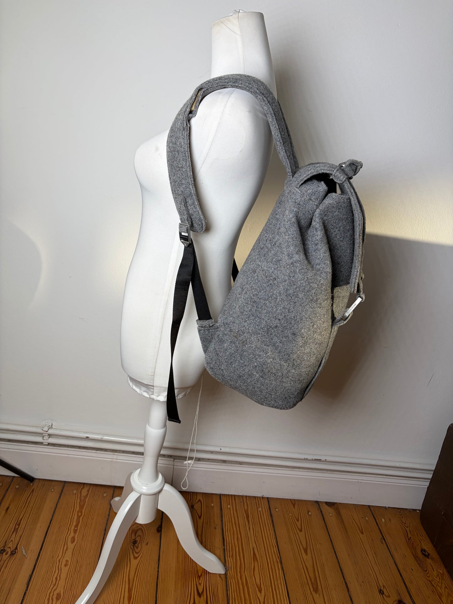 Vintage Emporio Armani Wool Felt Backpack Grey Silver Hardware