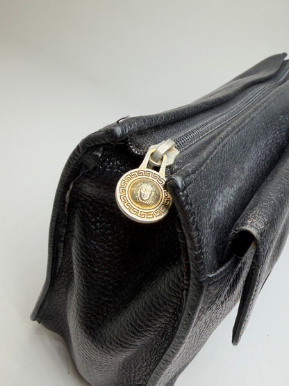Vintage Gianni Versace Pebbled Leather Flap Clutch Black Gold