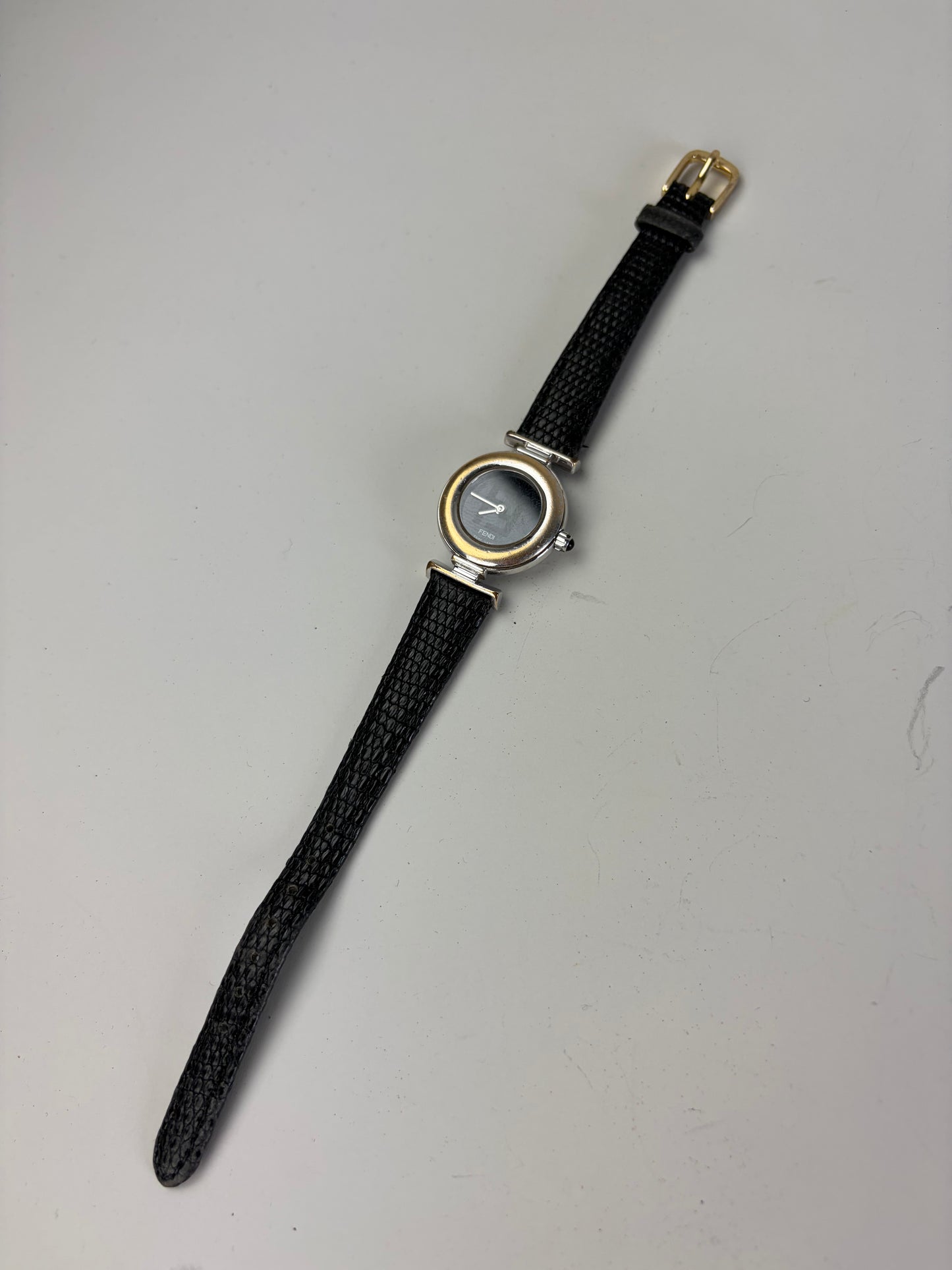 Vintage Fendi Leather Strap Stainless Steel Watch Black Silver