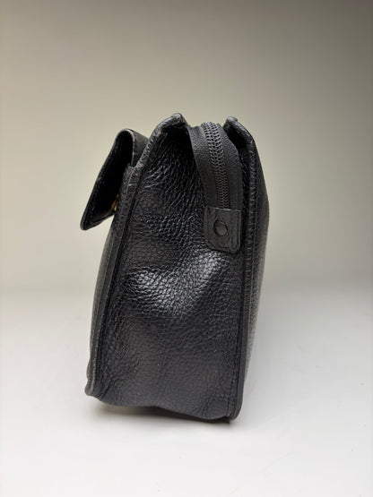 Vintage Gianni Versace Pebbled Leather Flap Clutch Black Gold