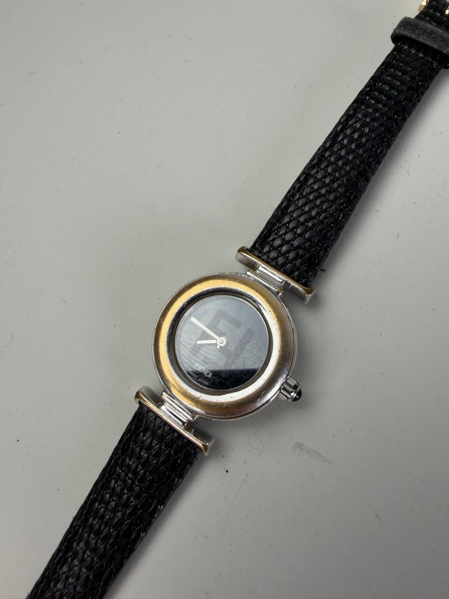 Vintage Fendi Leather Strap Stainless Steel Watch Black Silver