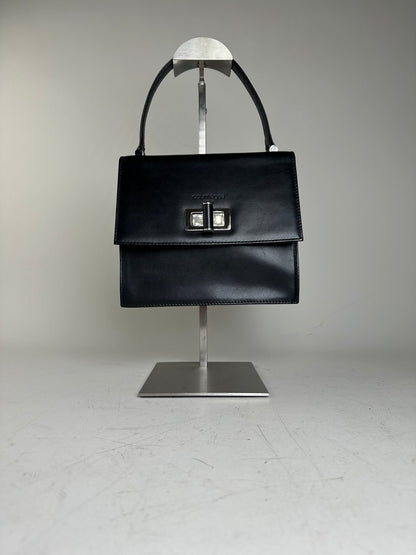 Vintage Courreges Structured Leather Handbag Black Silver