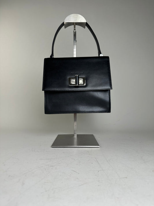 Vintage Courreges Structured Leather Handbag Black Silver