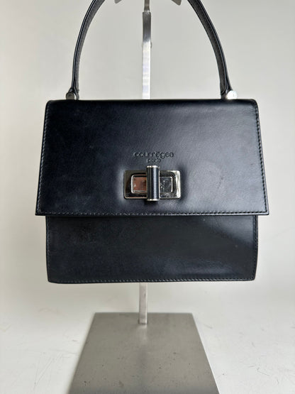 Vintage Courreges Structured Leather Handbag Black Silver