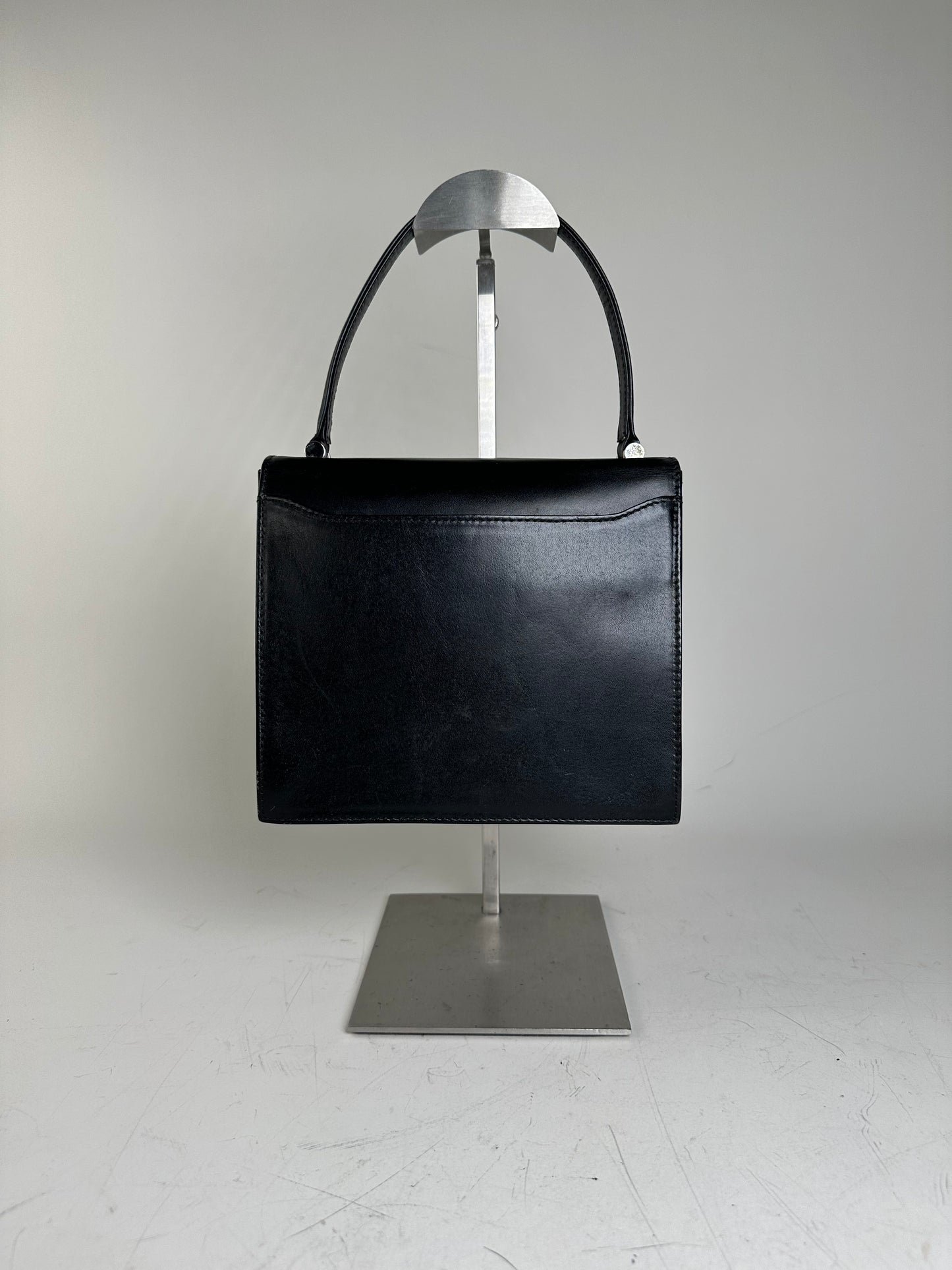 Vintage Courreges Structured Leather Handbag Black Silver