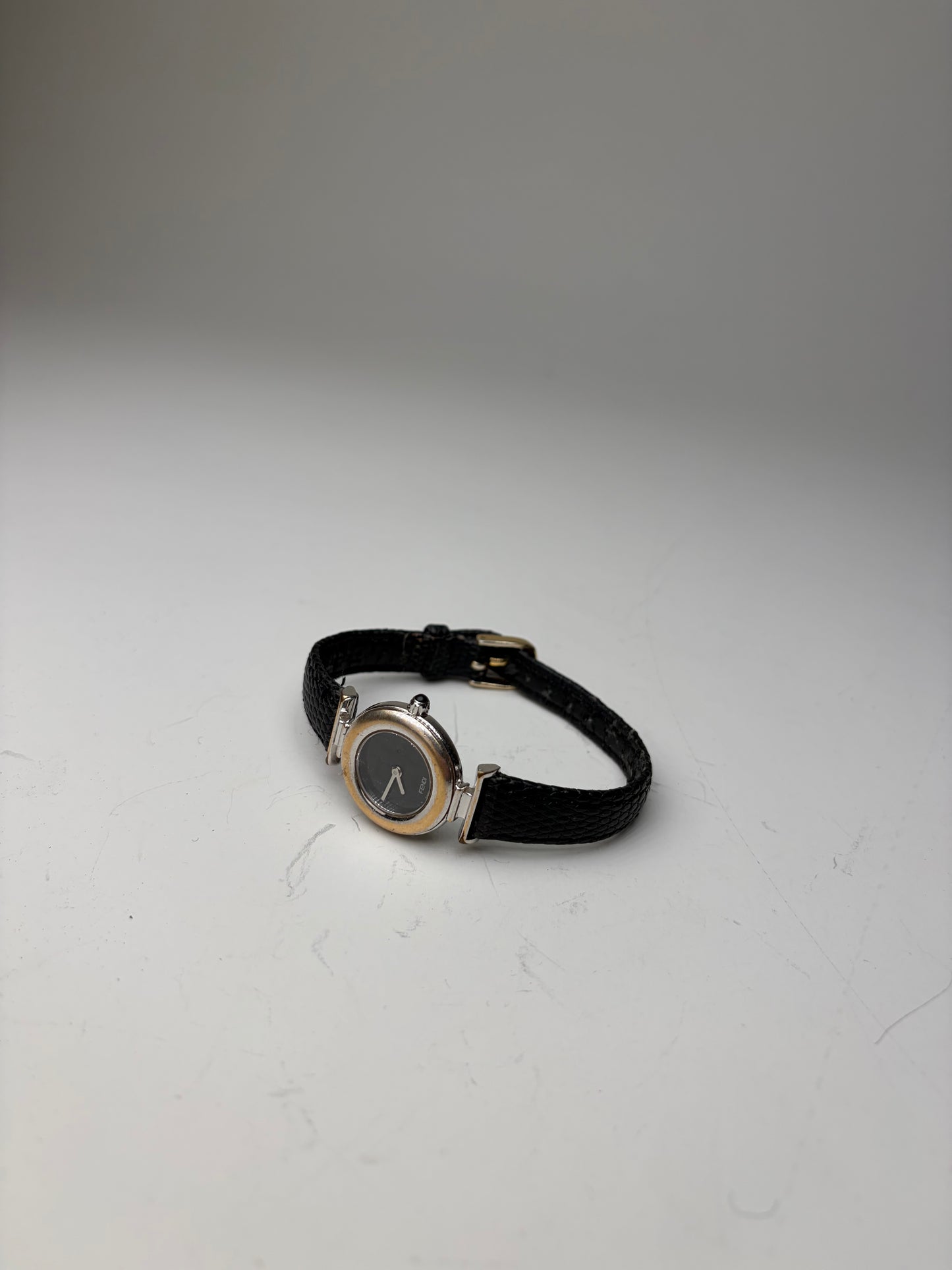 Vintage Fendi Leather Strap Stainless Steel Watch Black Silver