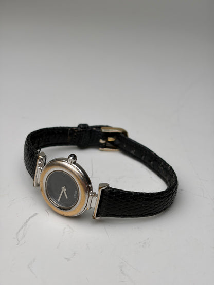 Vintage Fendi Leather Strap Stainless Steel Watch Black Silver