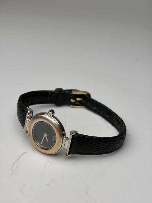 Vintage Fendi Leather Strap Stainless Steel Watch Black Silver