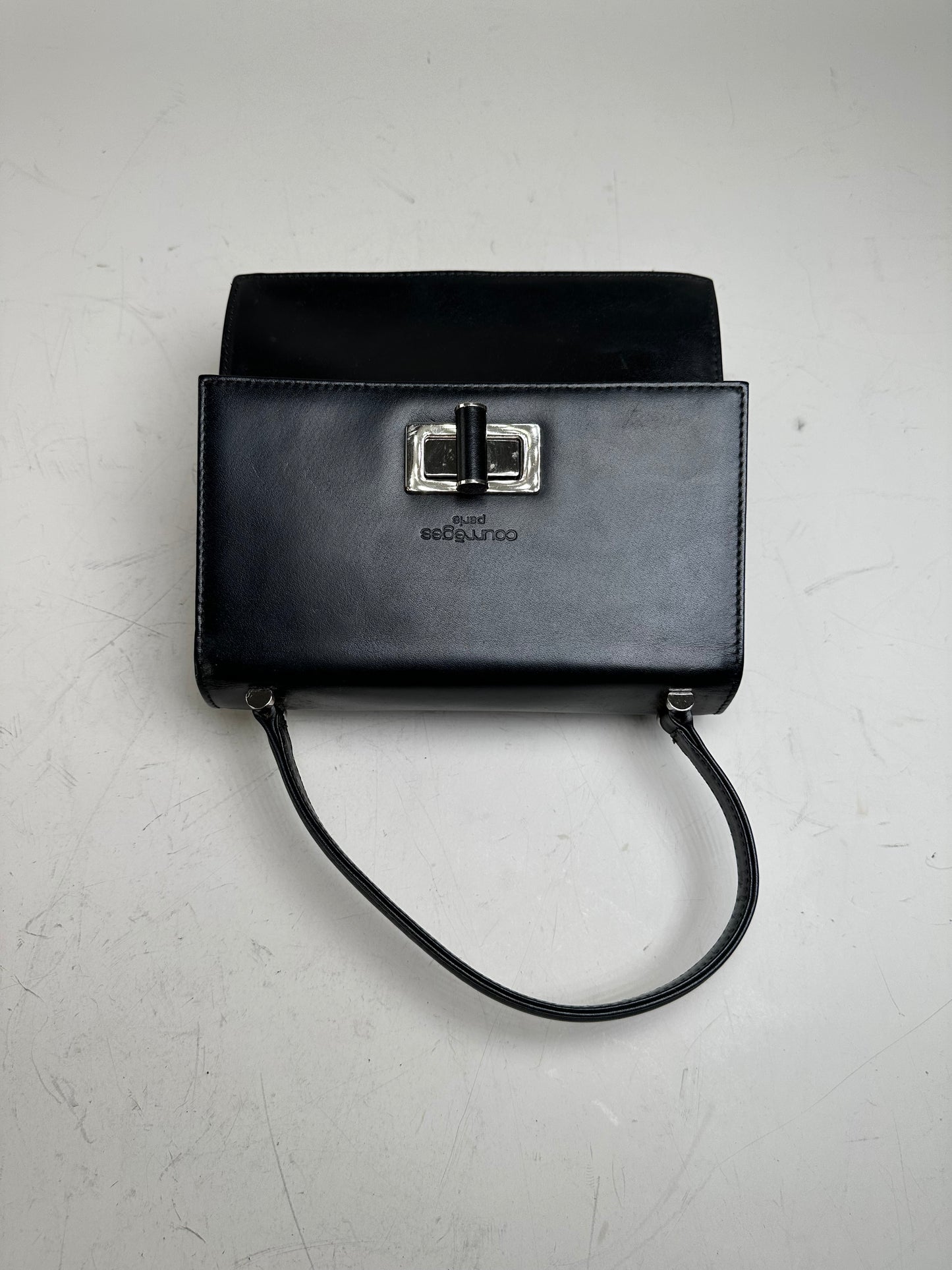 Vintage Courreges Structured Leather Handbag Black Silver