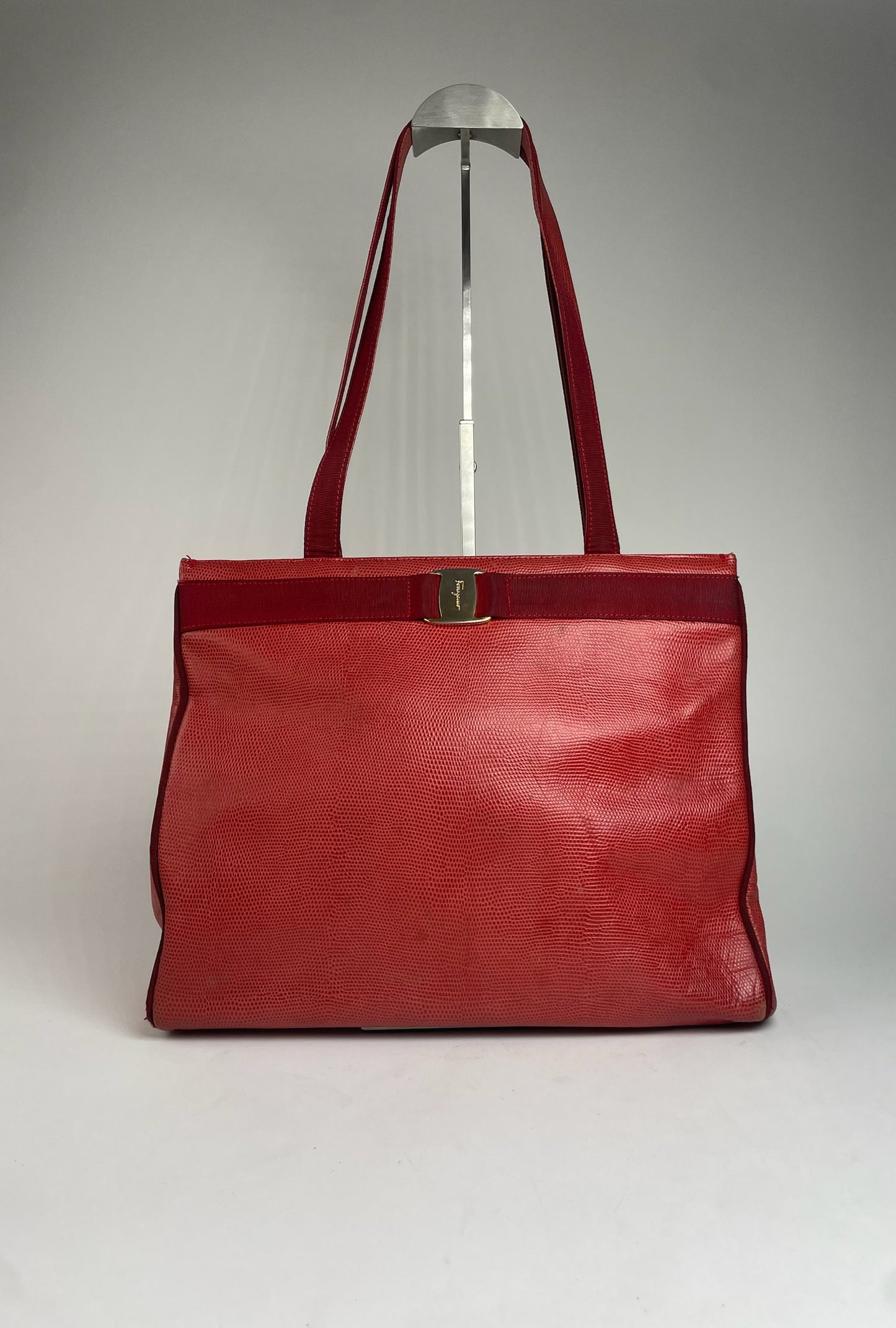 Vintage Salvatore Ferragamo Snake Emblossed Leather Handbag Red