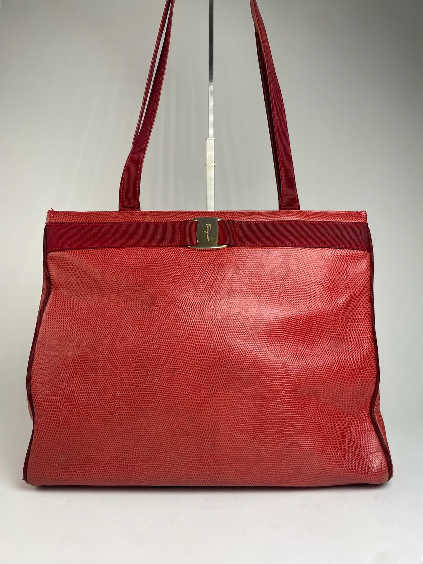 Vintage Salvatore Ferragamo Snake Emblossed Leather Handbag Red