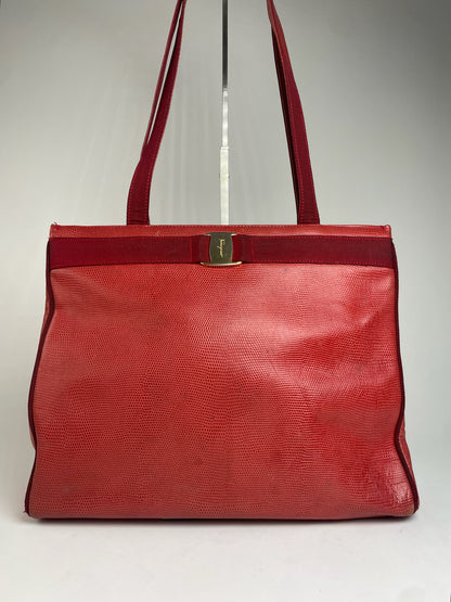 Vintage Salvatore Ferragamo Snake Emblossed Leather Handbag Red