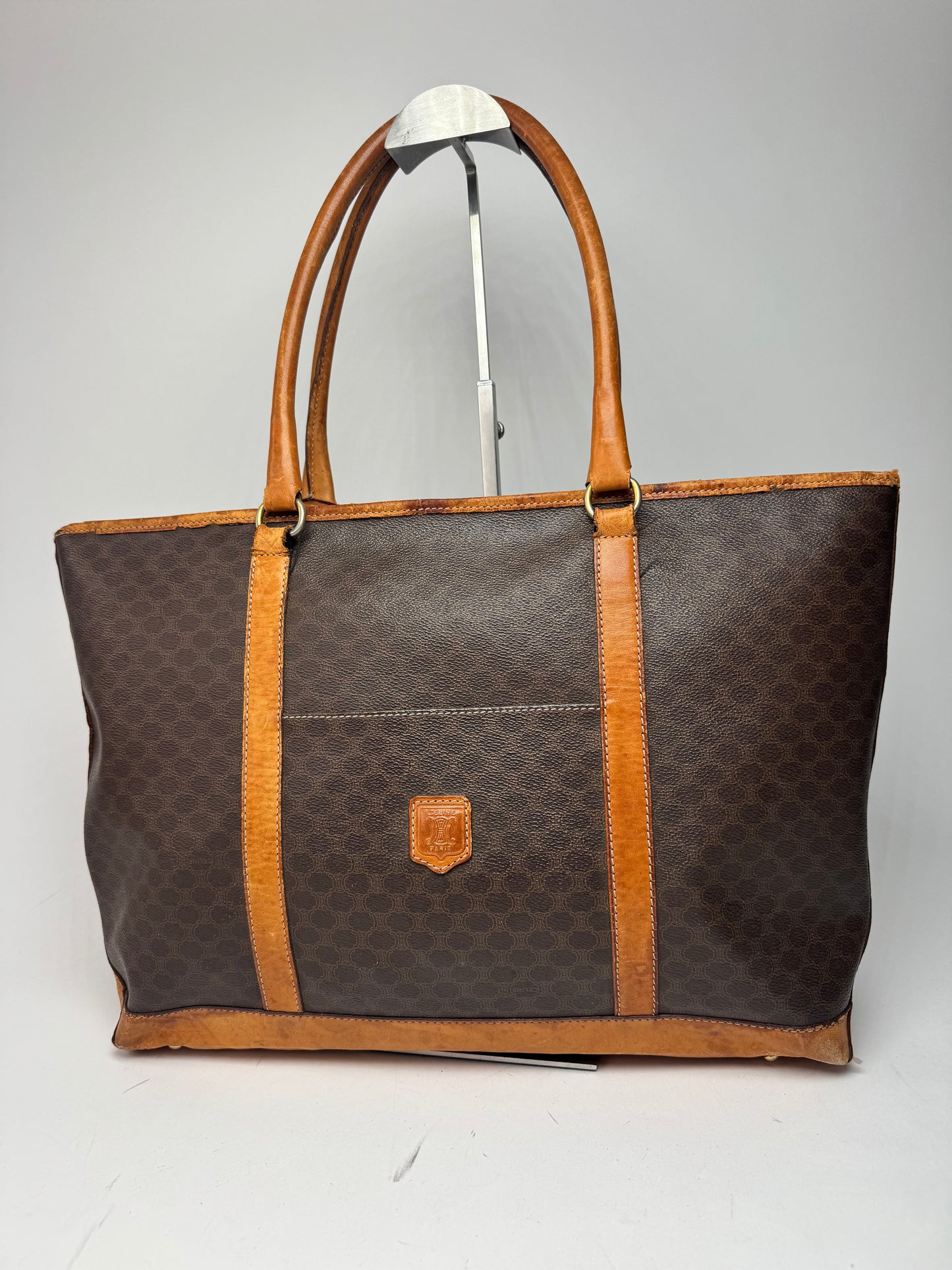 Vintage Celine Paris Triomphe Monogram Leather Bag brown