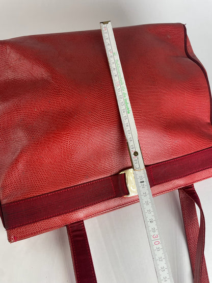 Vintage Salvatore Ferragamo Snake Emblossed Leather Handbag Red