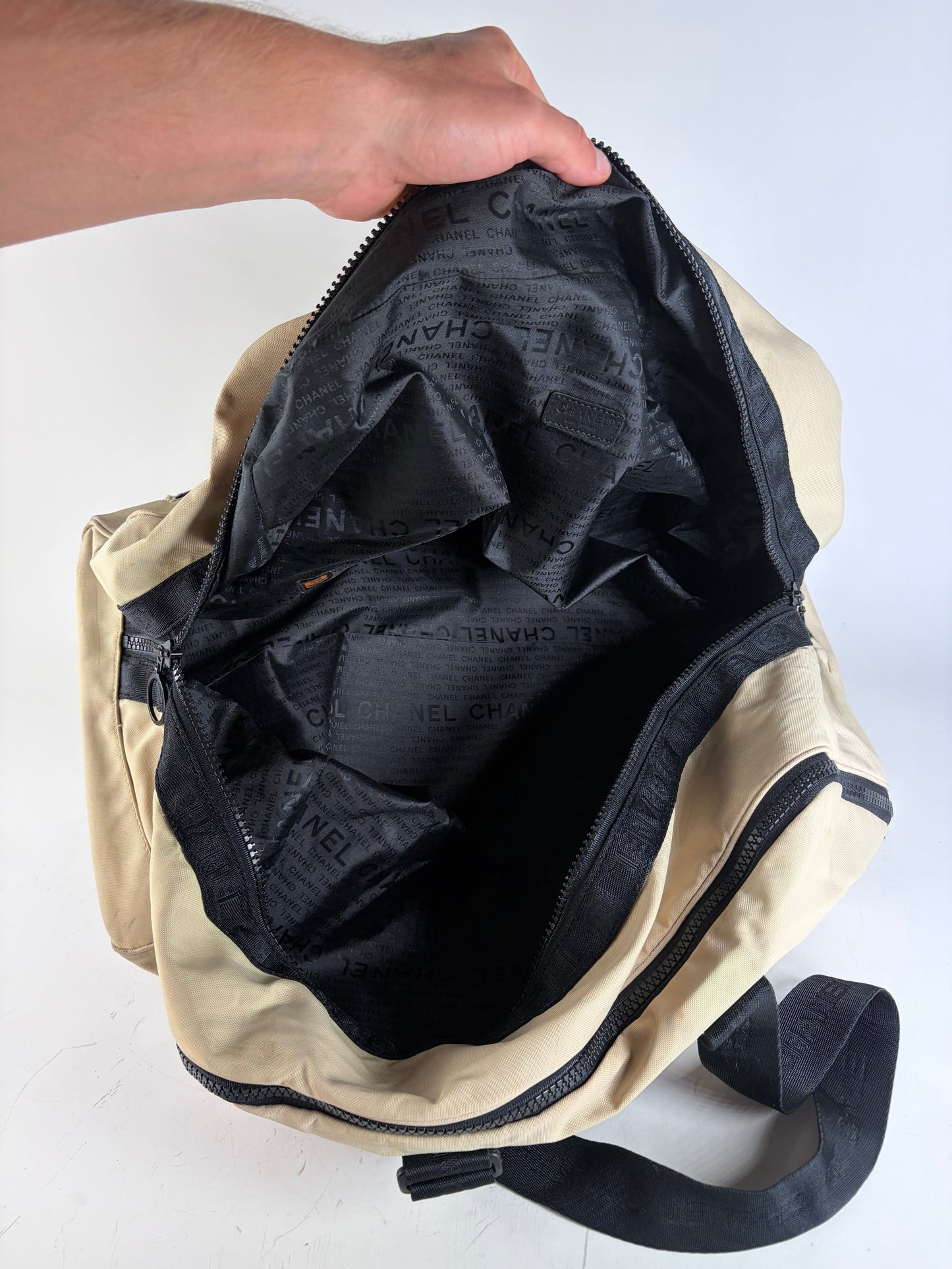 Vintage Chanel Duffle Bag Beige Black Polyester Leather Accents