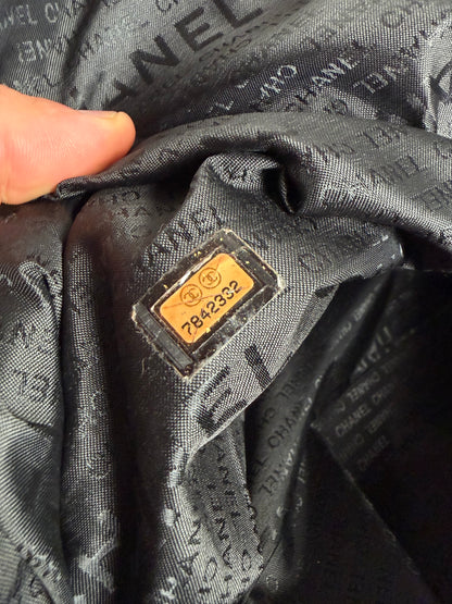 Vintage Chanel Duffle Bag Beige Black Polyester Leather Accents