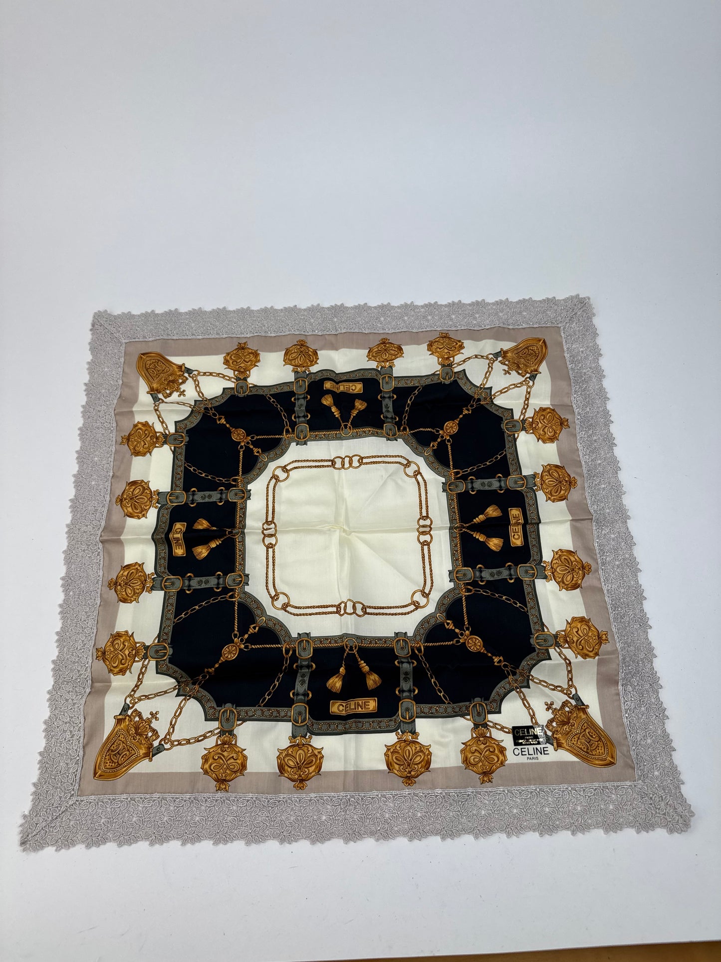 Vintage Celine Scarf grey white black gold
