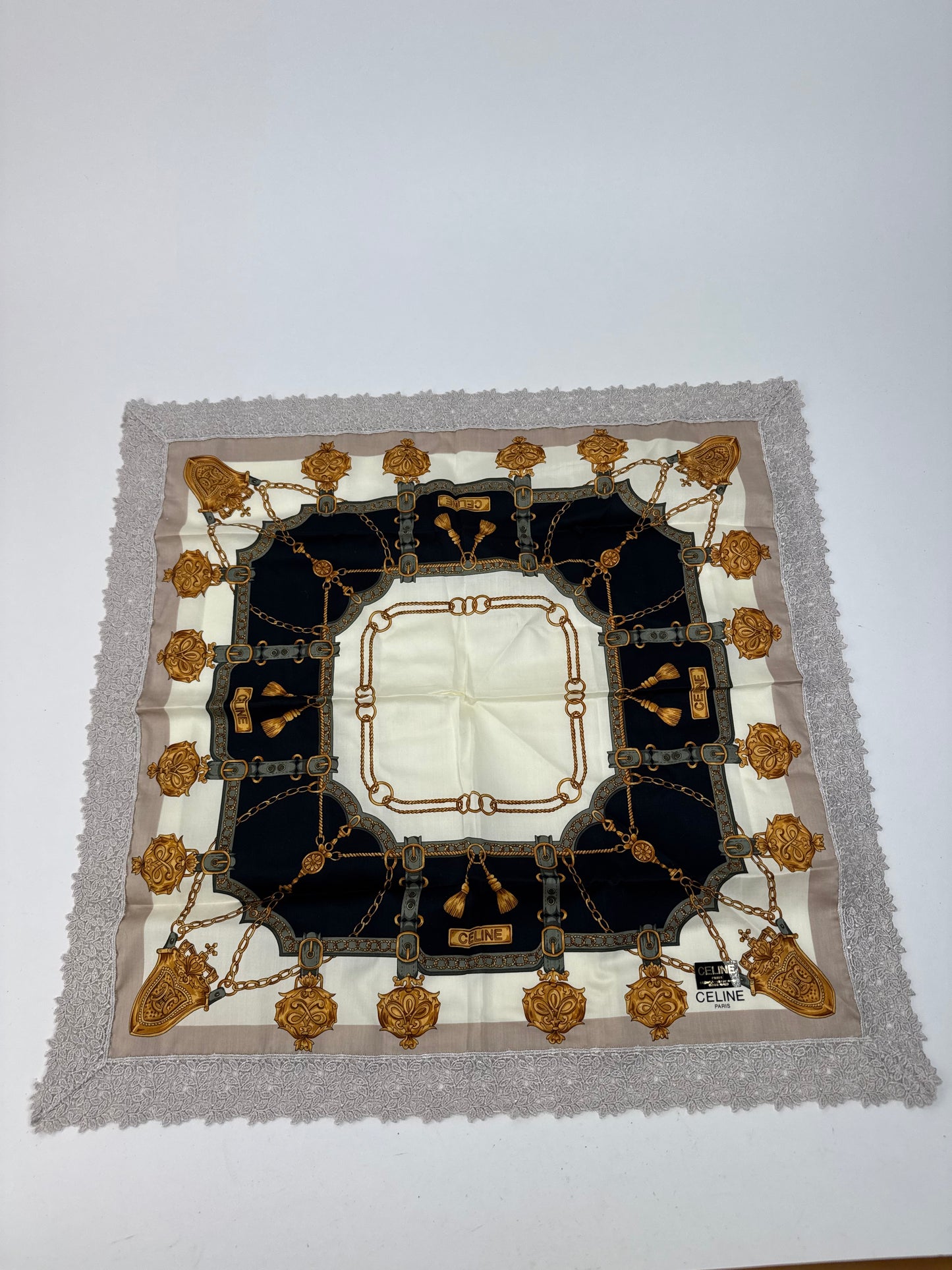 Vintage Celine Scarf grey white black gold