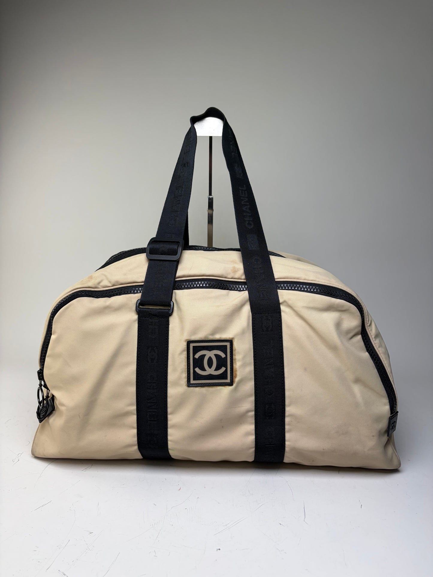 Vintage Chanel Duffle Bag Beige Black Polyester Leather Accents