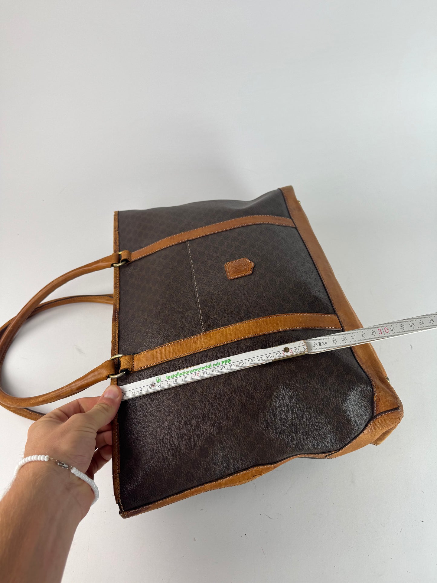 Vintage Celine Paris Triomphe Monogram Leather Bag brown