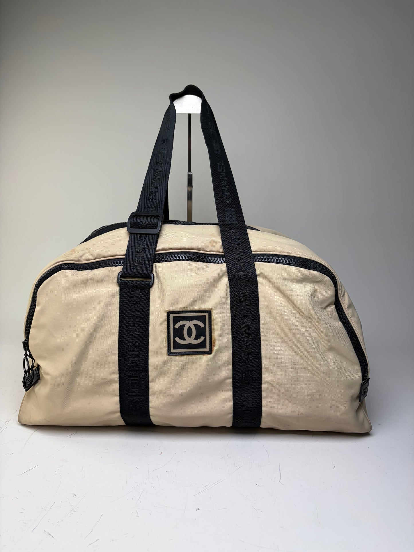 Vintage Chanel Duffle Bag Beige Black Polyester Leather Accents