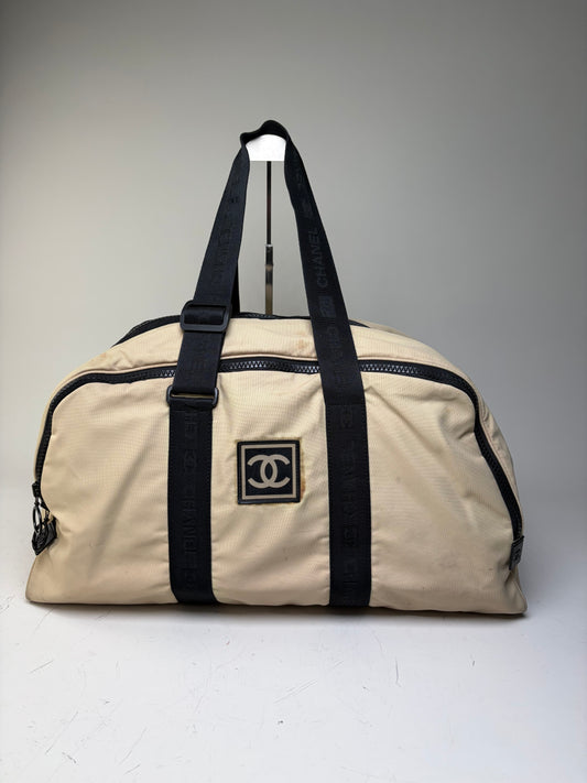 Vintage Chanel Duffle Bag Beige Black Polyester Leather Accents