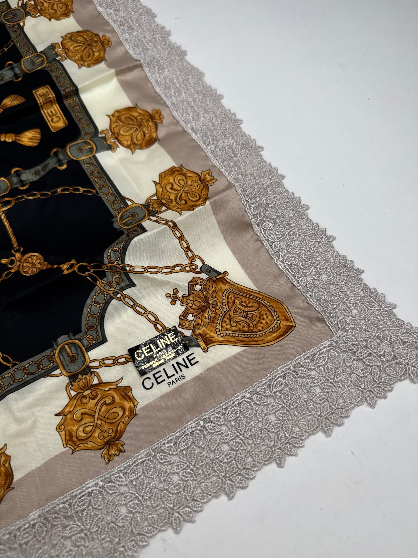 Vintage Celine Scarf grey white black gold