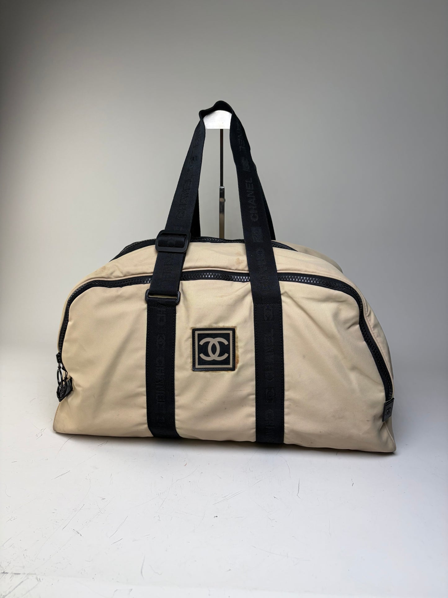 Vintage Chanel Duffle Bag Beige Black Polyester Leather Accents
