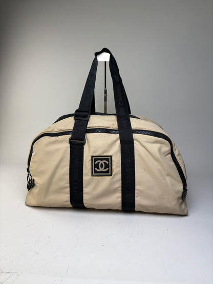 Vintage Chanel Duffle Bag Beige Black Polyester Leather Accents