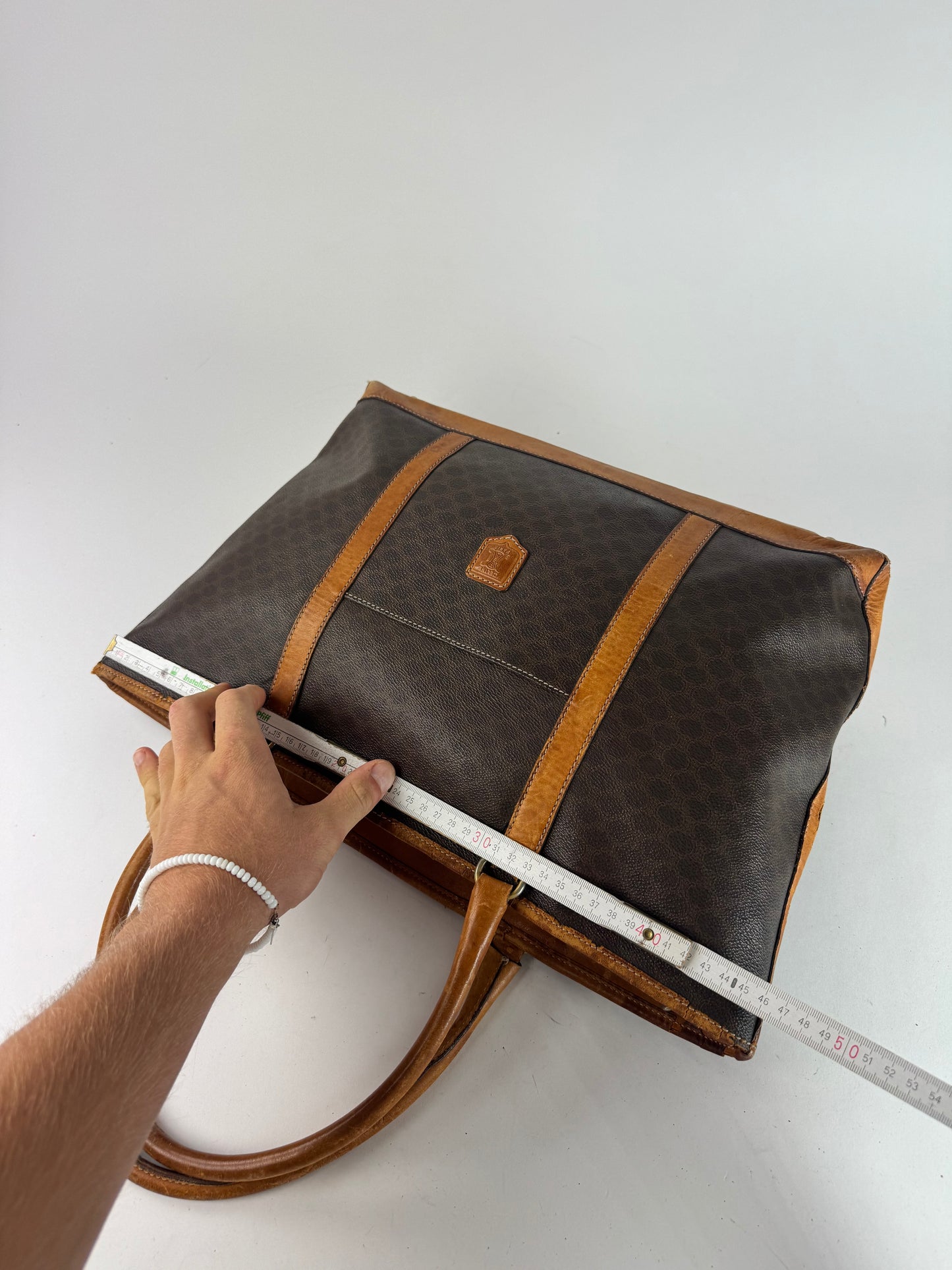 Vintage Celine Paris Triomphe Monogram Leather Bag brown