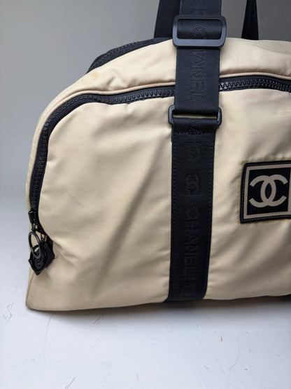 Vintage Chanel Duffle Bag Beige Black Polyester Leather Accents